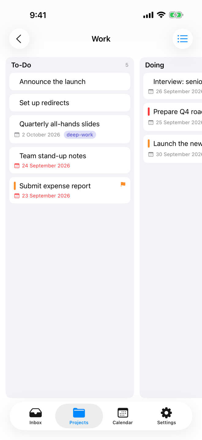 mDone Kanban board with To-Do and Doing columns