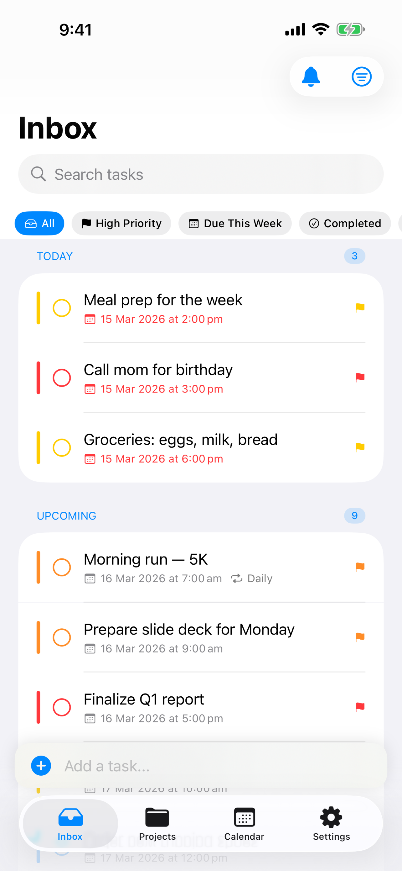 mDone inbox showing today and upcoming tasks