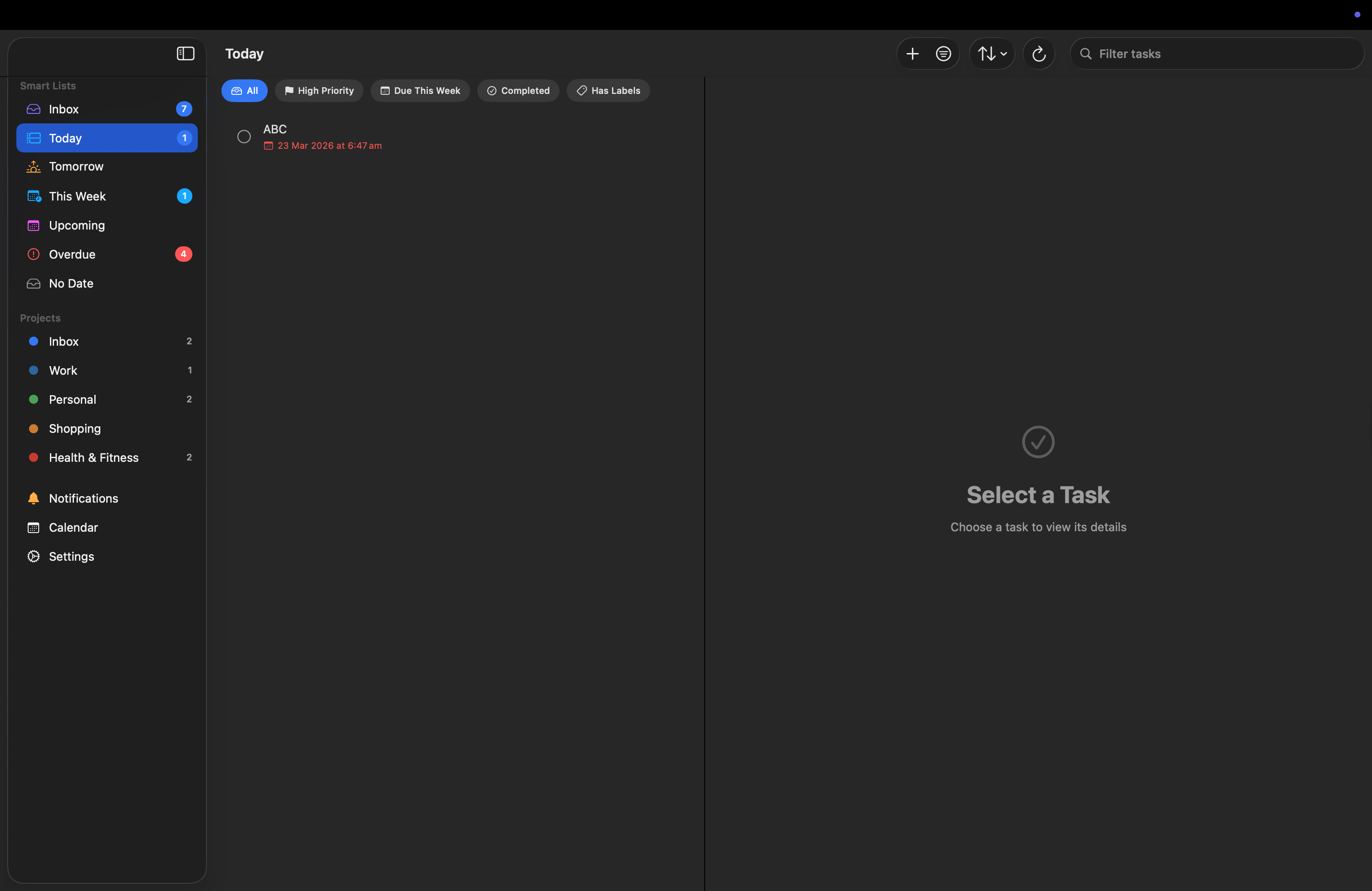 mDone running on macOS with a sidebar and today's tasks