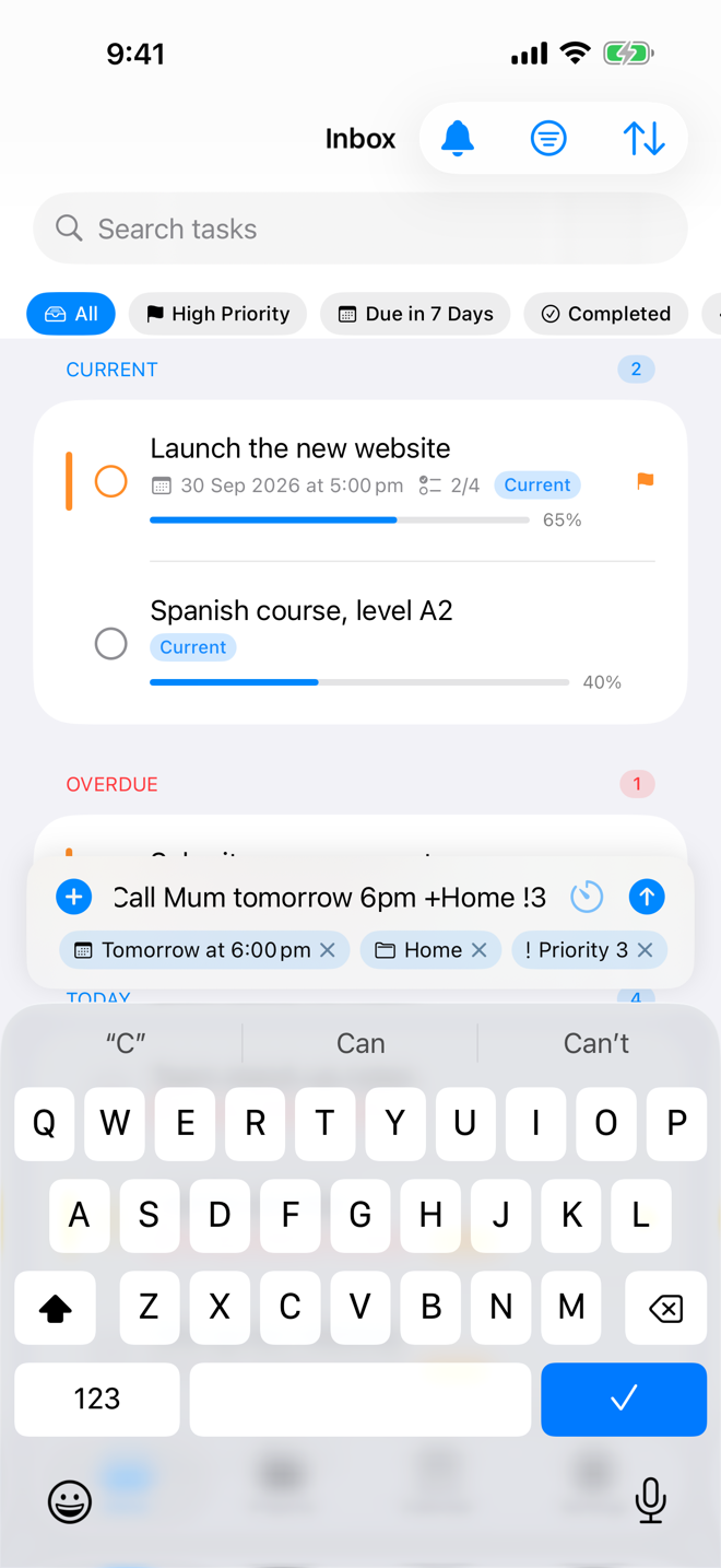 mDone quick add turning a typed sentence into date, project and priority chips