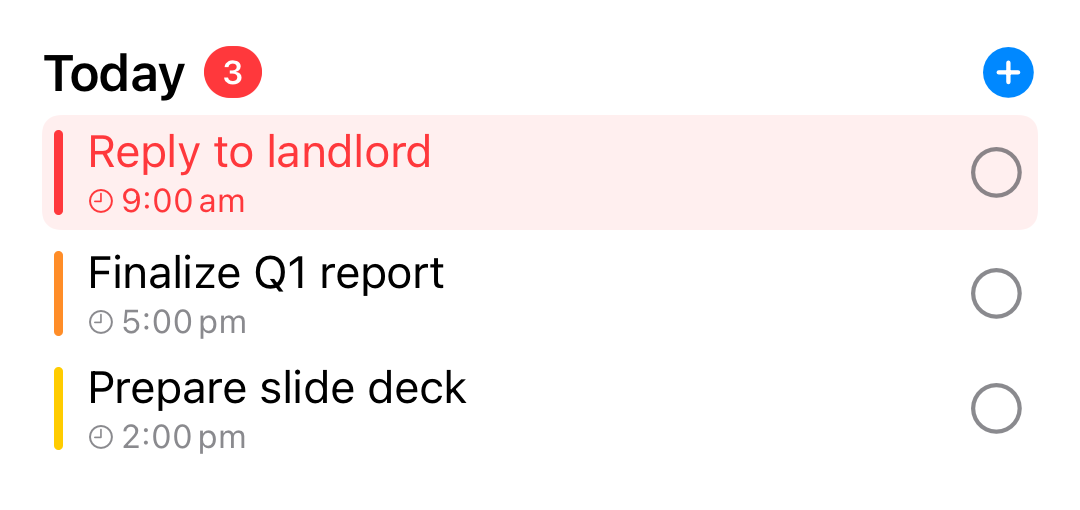 mDone Today's Tasks widget showing an overdue task and tasks due today