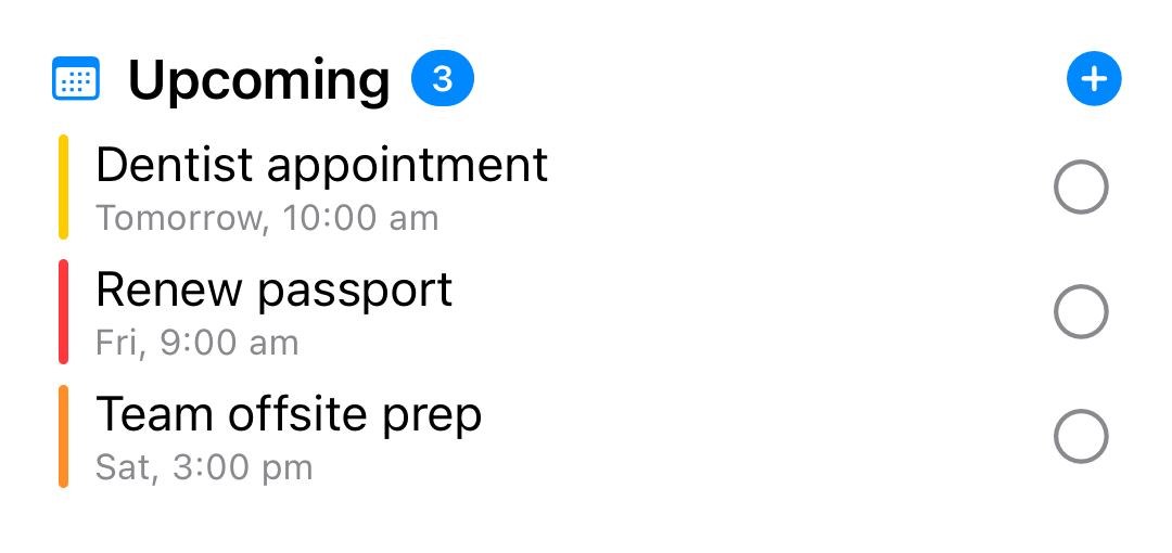mDone Upcoming widget showing the next few days of tasks