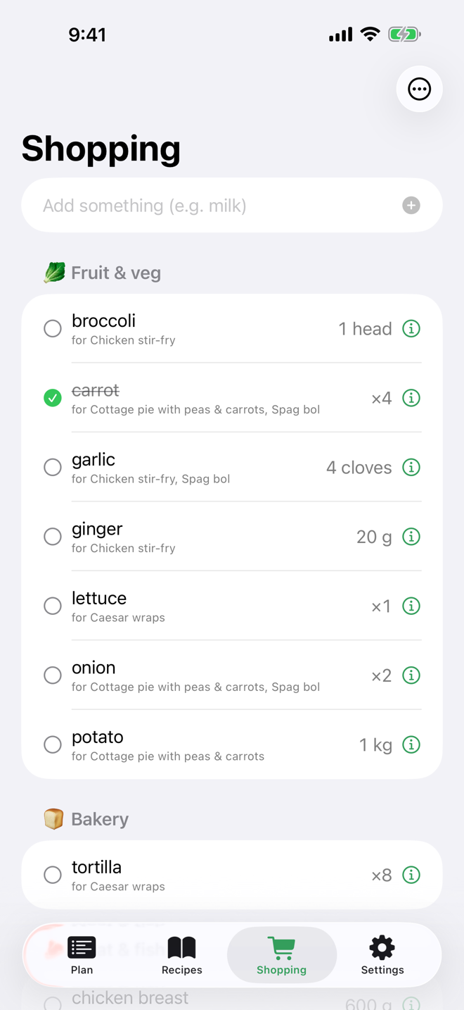 The shopping list mid-shop: items grouped by aisle, a few already ticked, and under each item the meals that need it